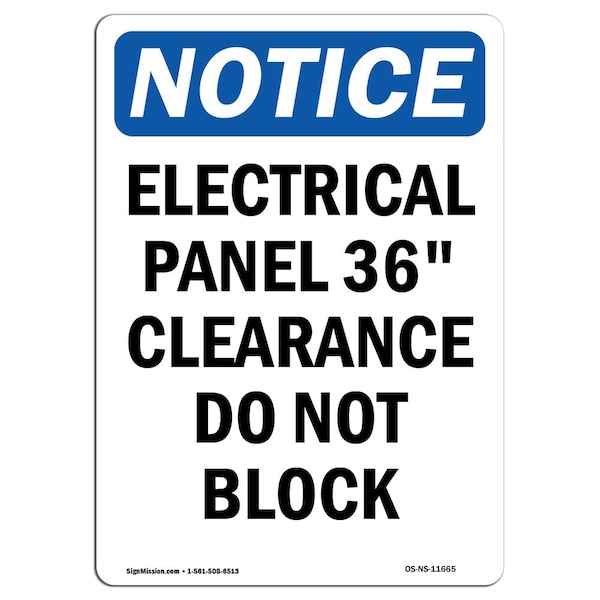 Safety Sign, OSHA Notice, 5" Height, Electrical Panel 36 Clearance Sign, Portrait, 10PK